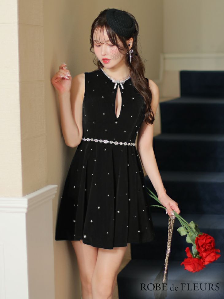 ROBE de FLEURS ローブドフルール ビジューデザインベルベットフレアミニキャバドレス fm3613-c