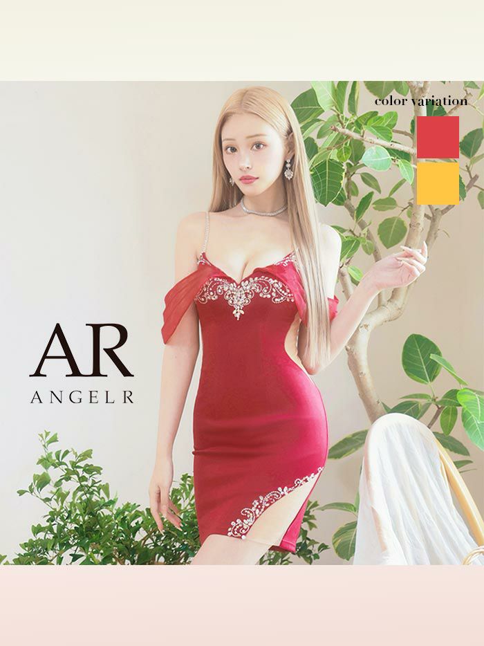 AngelR エンジェルアール シフォンスリーブビジューメッシュタイトミニドレス レッド ar24232-1-ks