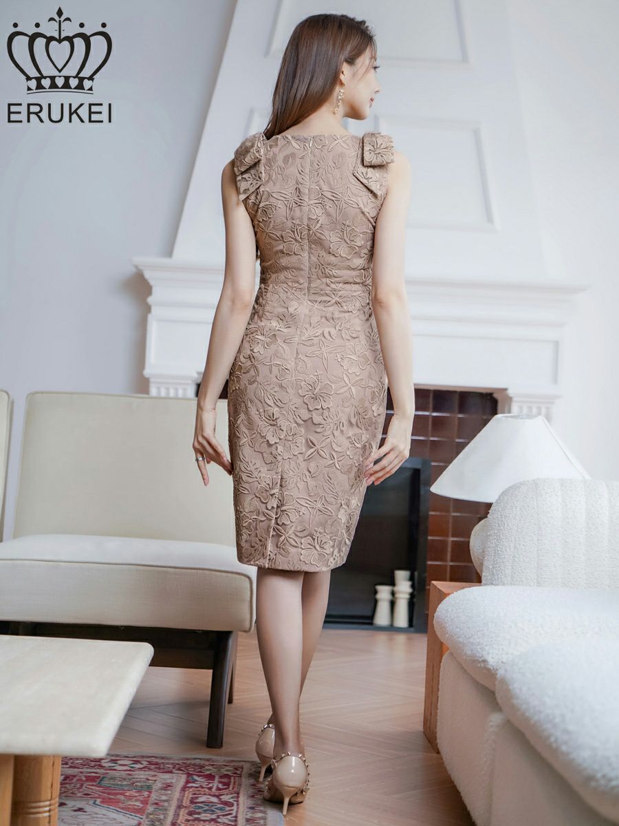 ERUKEI エルケイ ホワイト 肩リボン・総レース・タイト・ノースリーブ・Vネック・ミニドレス・ワンピース ek-e24071-1