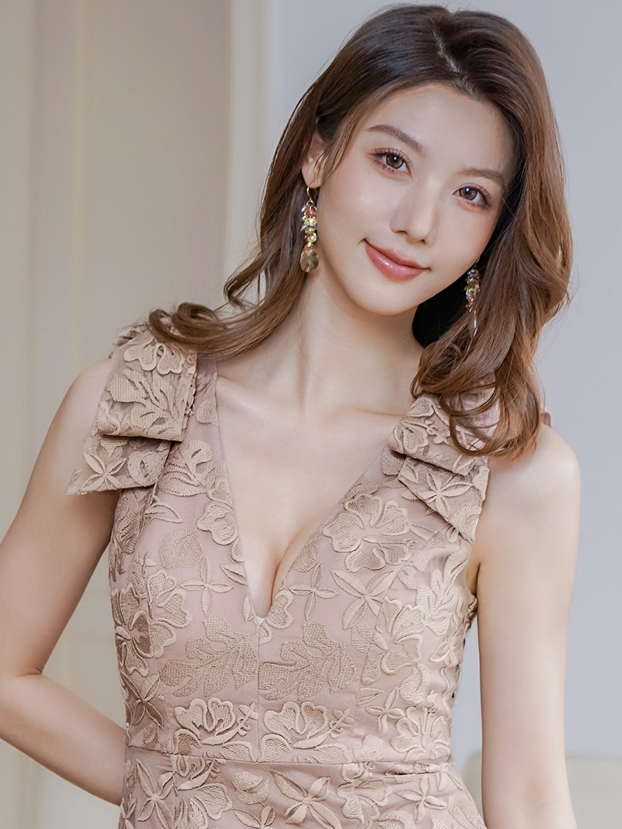 ERUKEI エルケイ ホワイト 肩リボン・総レース・タイト・ノースリーブ・Vネック・ミニドレス・ワンピース ek-e24071-1