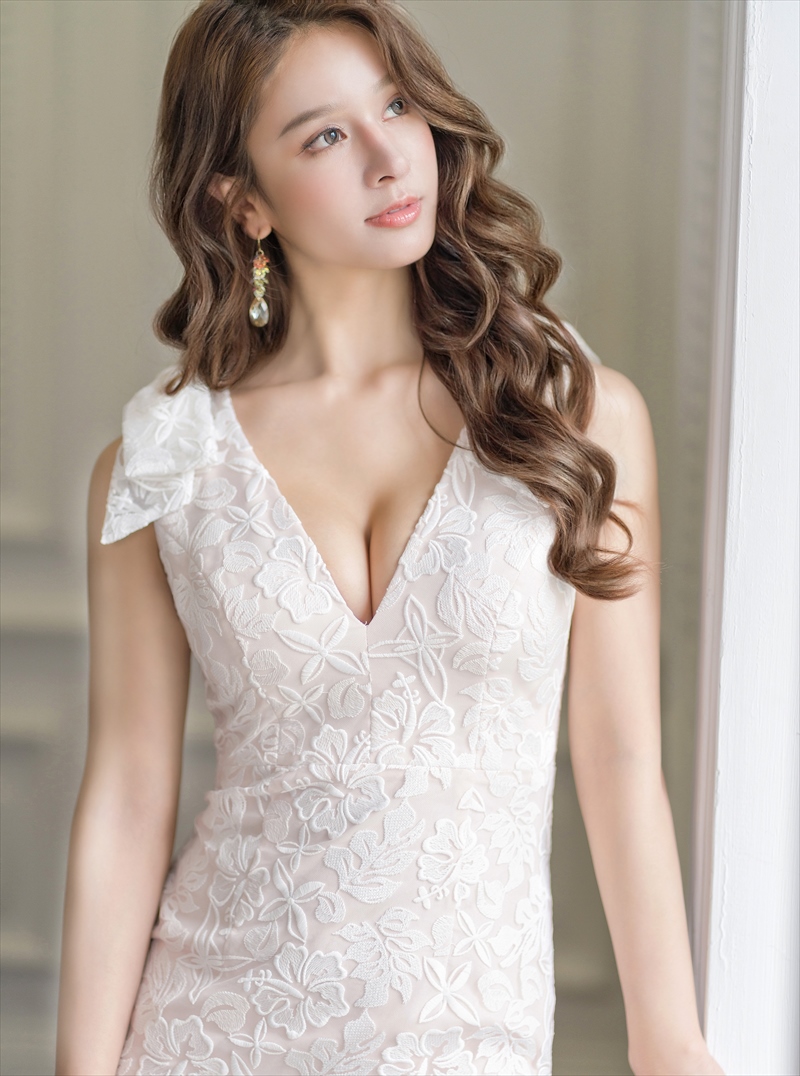 ERUKEI エルケイ 肩リボン・総レース・タイト・ノースリーブ・Vネック・ミニドレス・ワンピース ek-e24071-1