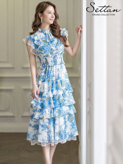 早い者勝ち！ERUKEI フラワープリントリボンネックワンピース ERUKEI フラワープリントワンピース ERUKEI エルケイ ホワイト×ブルー