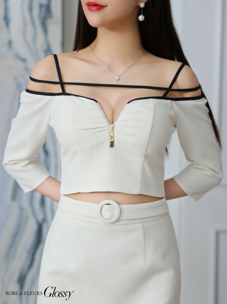 Glossy ローブドフルールグロッシー ブラック Zipperxオフショルセットアップキャバドレス gl3527-2