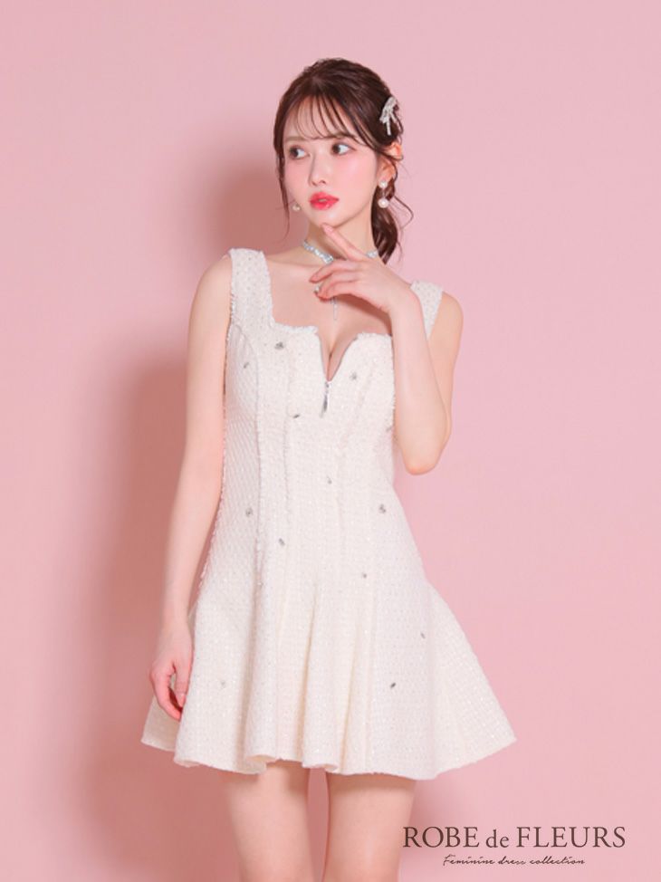 ROBE de FLEURS ローブドフルール ブラック シンプルツイードバストジッパーミニキャバドレス fm3266-2