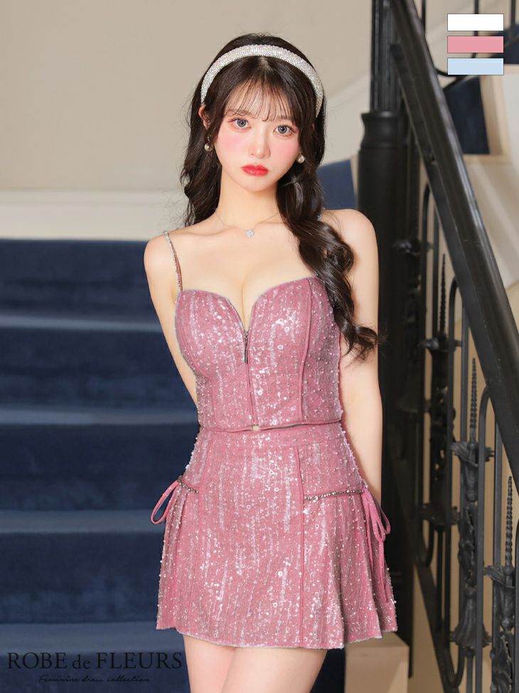 ROBE de FLEURS ローブドフルール ホワイト バストジップサイドリボンスパークルミニキャバドレス fm3270-1