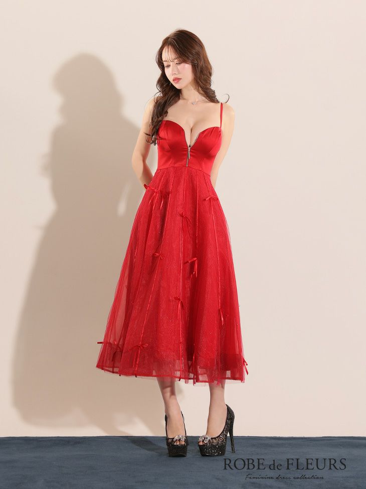 ROBE de FLEURS ローブドフルール レッド センタージップフレアリボンチュールミディキャバドレス fm3739-3