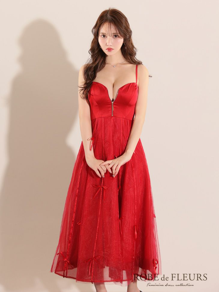 ROBE de FLEURS ローブドフルール センタージップフレアリボンチュールミディキャバドレス fm3739-c