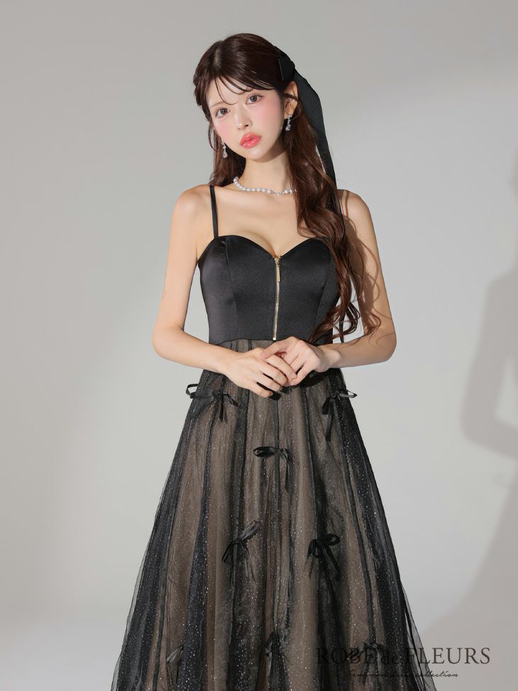 ROBE de FLEURS ローブドフルール センタージップフレアリボンチュールミディキャバドレス fm3739-c