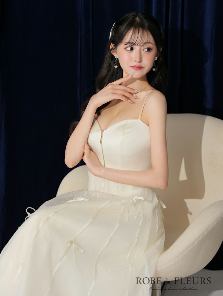 ROBE de FLEURS ローブドフルール センタージップフレアリボンチュールミディキャバドレス fm3739-c