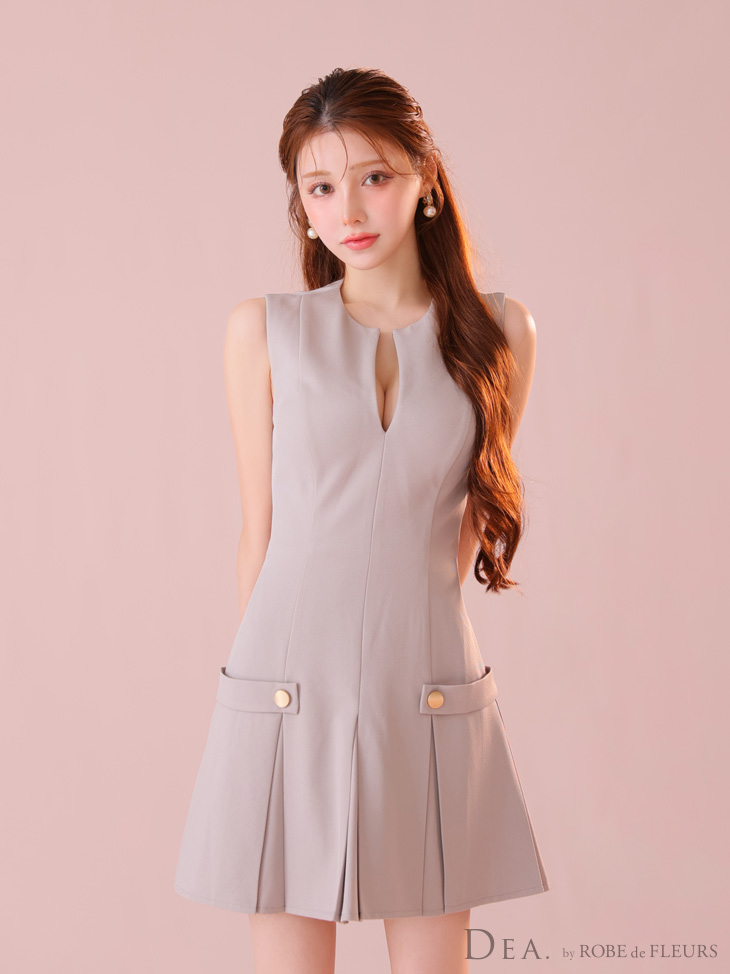 DEA. ディア バイ ローブドフルール シンプルサイドベルトモチーフノースリーブプリーツミニキャバドレス de3362-c
