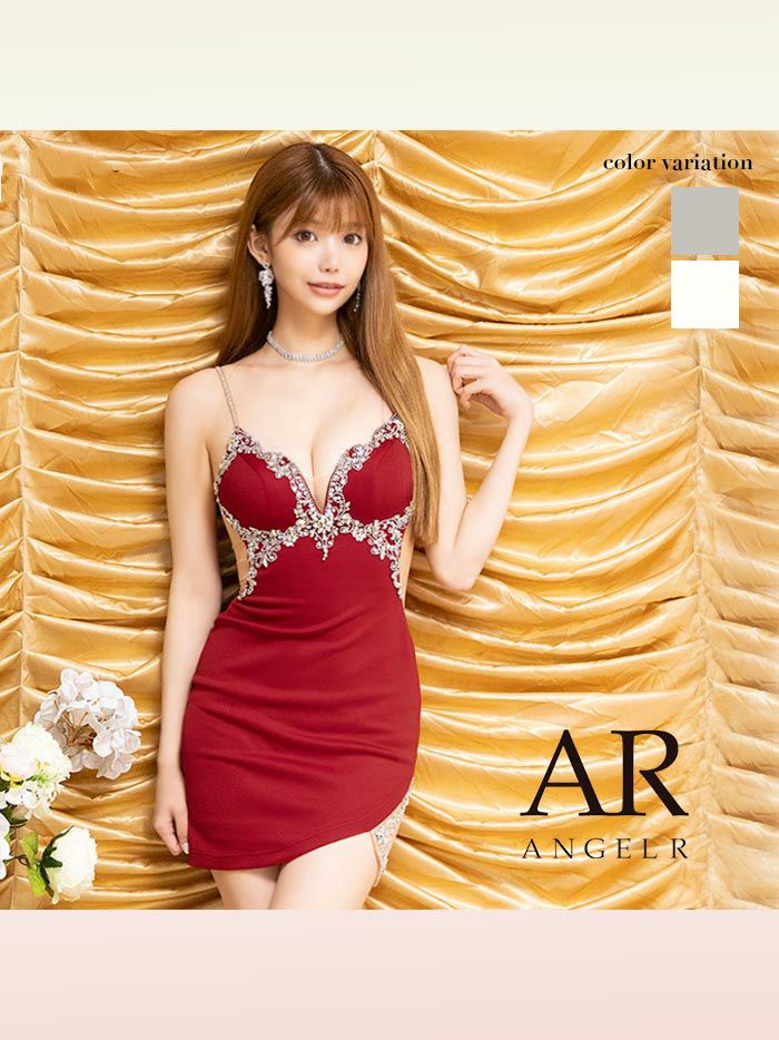 AngelR エンジェルアール アッパーフラワービジューVカットッシュタイトミニドレス レッド ar24340-2