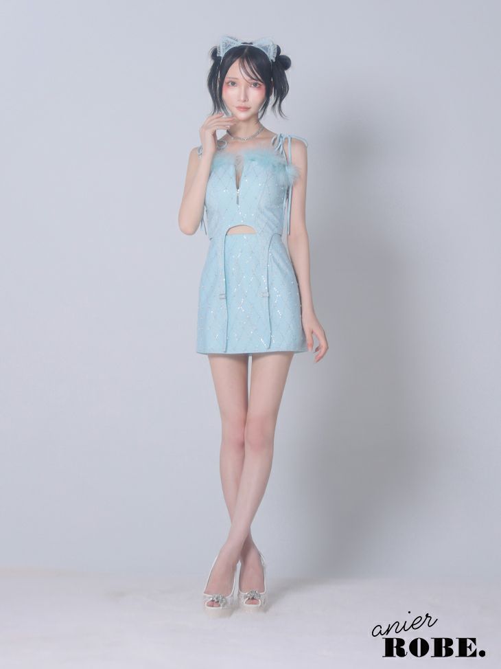 ROBE de FLEURS anier.ROBE ローブドフルール アニエルローブ ブルー Balletcore sexy cat setup mini dress バレエコアセクシーキャットセットアップミニドレス fm-anier4042-3