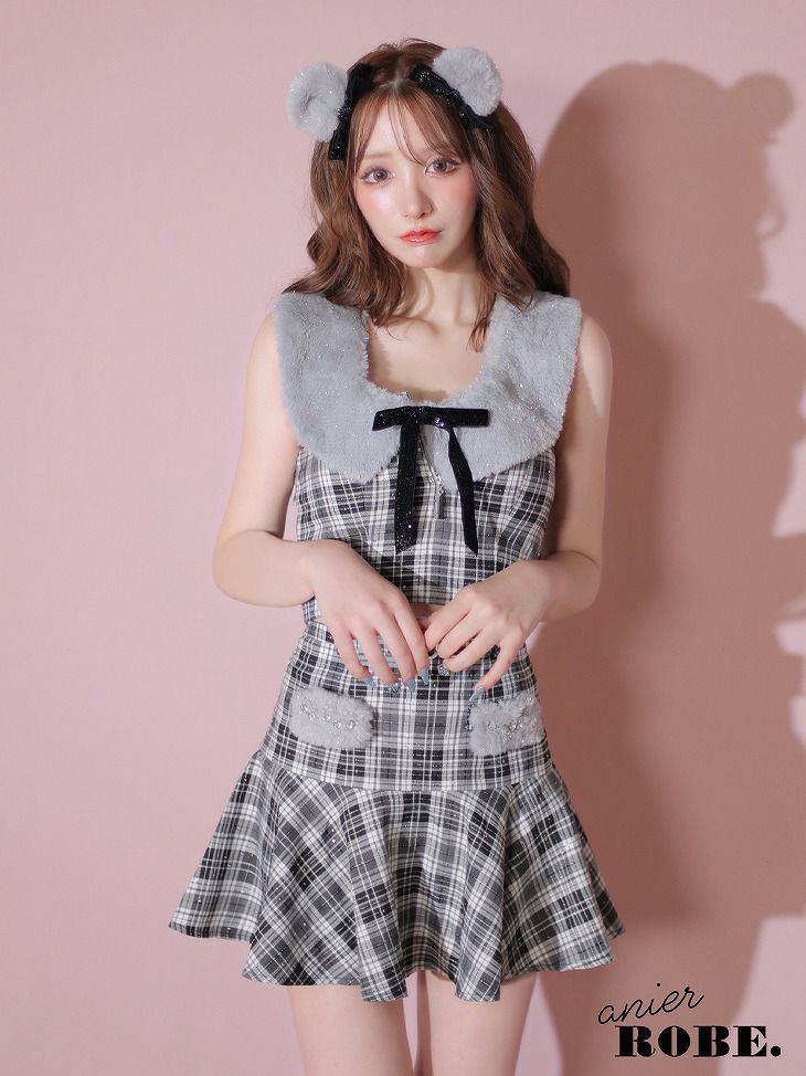 ROBE de FLEURS anier.ROBE ローブドフルール アニエルローブ Fluffy cute check bear setup mini dress チェックベアーセットアップミニドレス fm-anier4044-c