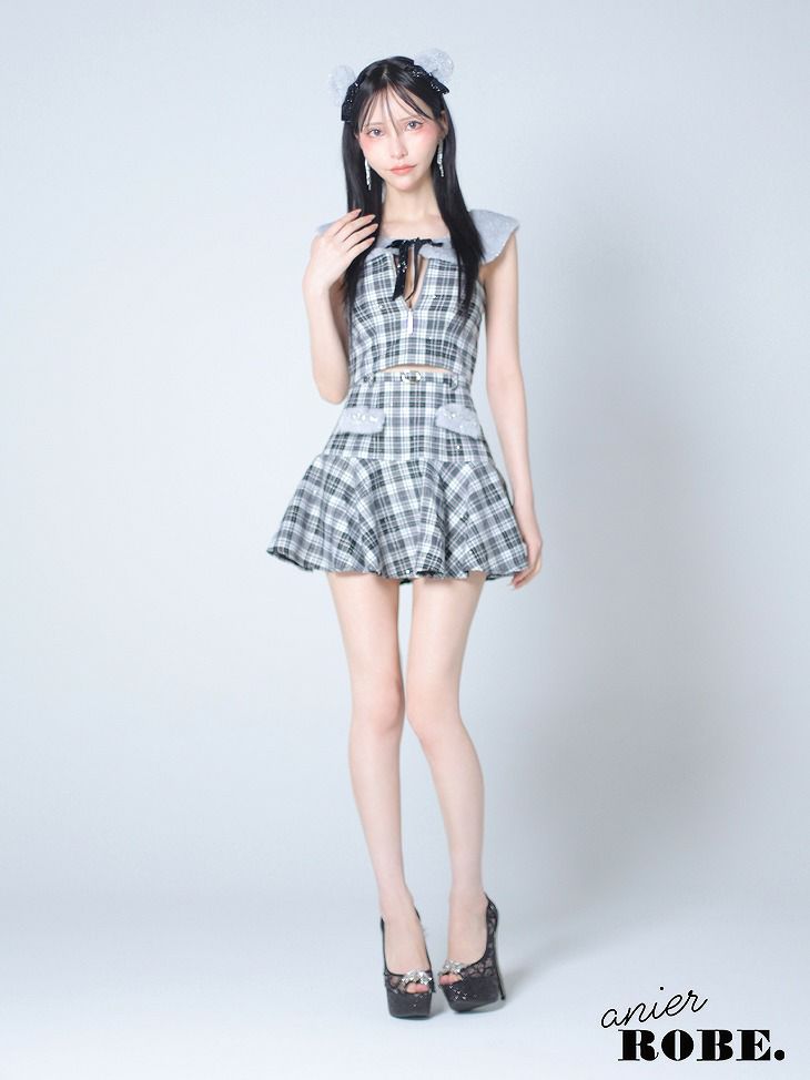 ROBE de FLEURS anier.ROBE ローブドフルール アニエルローブ Fluffy cute check bear setup mini dress チェックベアーセットアップミニドレス fm-anier4044-c