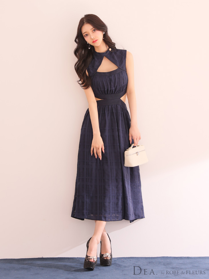 DEA. ディア バイ ローブドフルール アイボリー バストオープンカット×ウエストスリットチェックフレアロングキャバドレス de3333-1