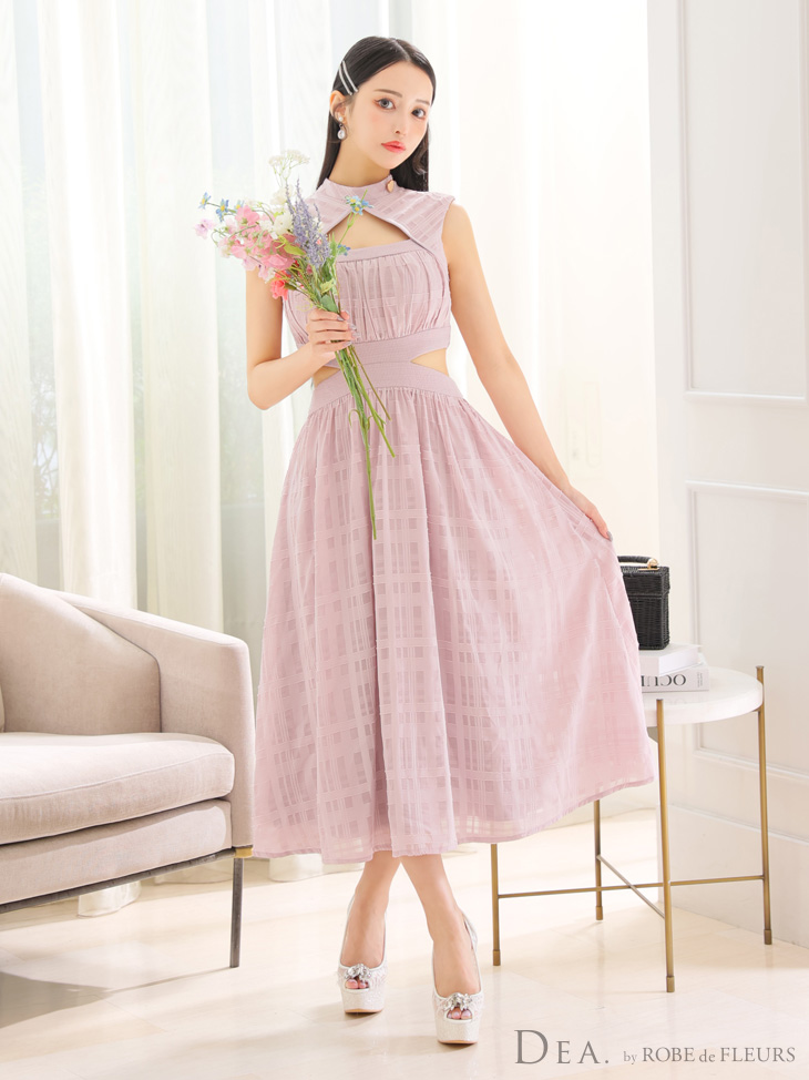 DEA. ディア バイ ローブドフルール アイボリー バストオープンカット×ウエストスリットチェックフレアロングキャバドレス de3333-1