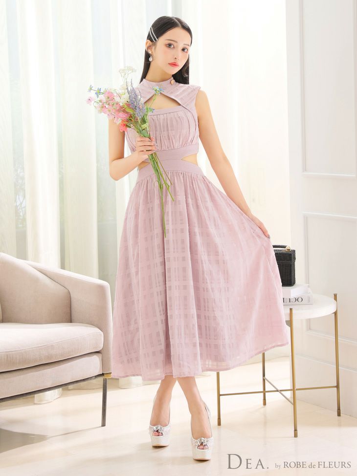 DEA. ディア バイ ローブドフルール アイボリー バストオープンカット×ウエストスリットチェックフレアロングキャバドレス de3333-1