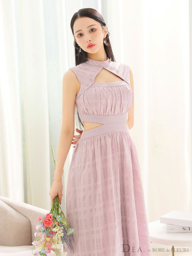 DEA. ディア バイ ローブドフルール アイボリー バストオープンカット×ウエストスリットチェックフレアロングキャバドレス de3333-1