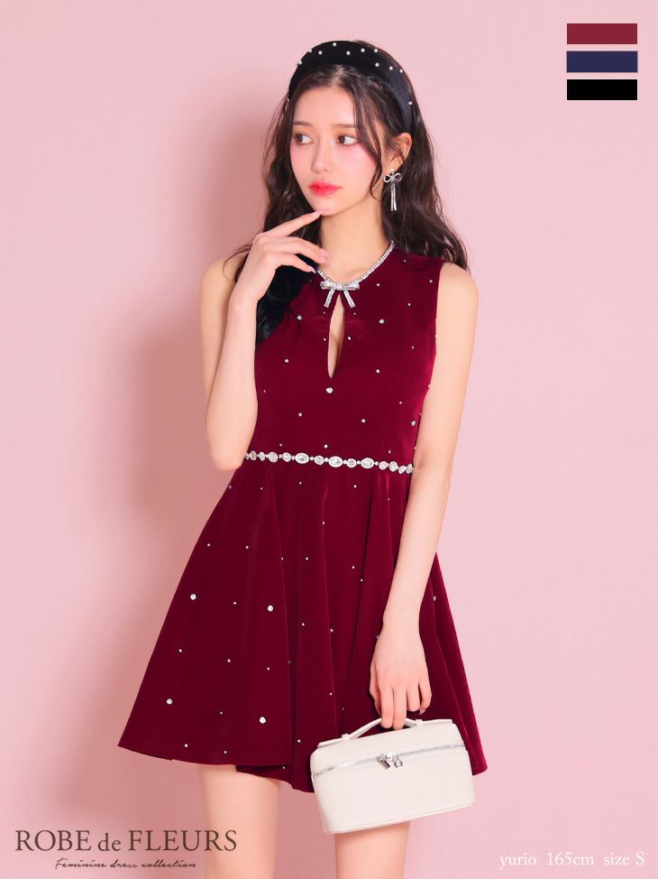 ROBE de FLEURS ローブドフルール レッド ビジューデザインベルベット  