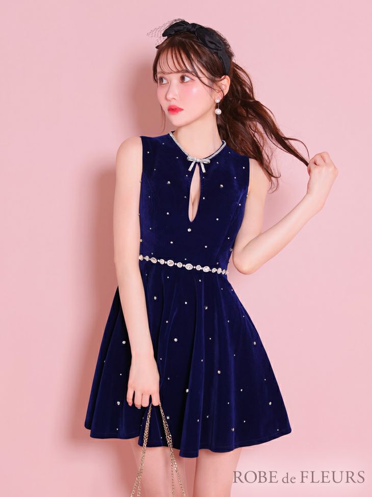 ROBE de FLEURS ローブドフルール ネイビー ビジューデザインベルベットフレアミニキャバドレス fm3613-3