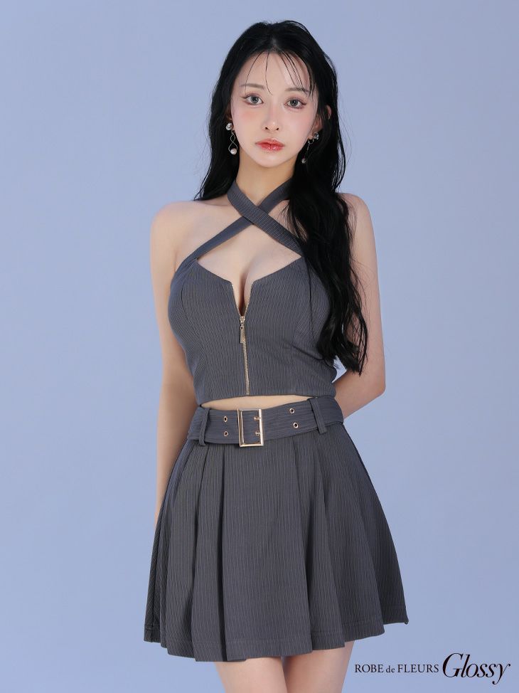 Glossy ローブドフルールグロッシー リブホルターネックバストジップセットアップミニキャバドレス gl3352-c