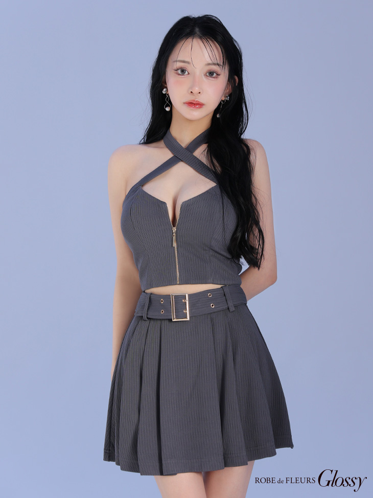 Glossy ローブドフルールグロッシー リブホルターネックバストジップセットアップミニキャバドレス gl3352-c