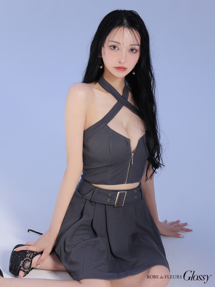 Glossy ローブドフルールグロッシー リブホルターネックバストジップセットアップミニキャバドレス gl3352-c