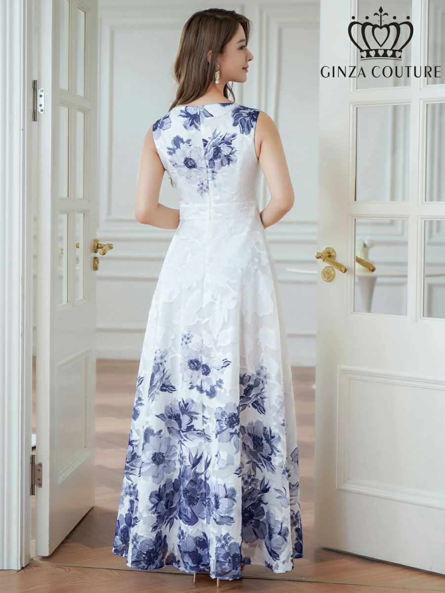 ERUKEI ホワイトxパープル フラワープリント・Aライン・ロングドレス ek-c24015-2