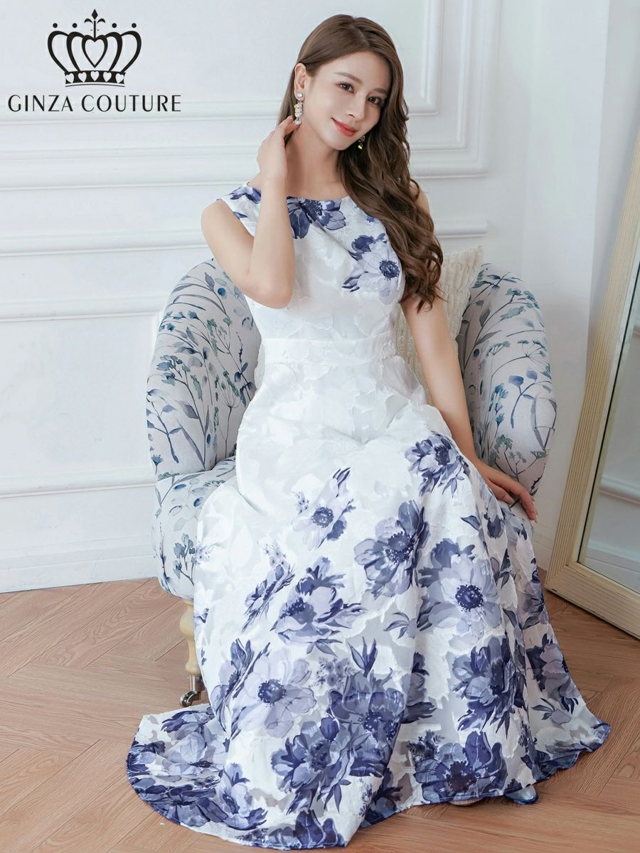 ERUKEI ホワイトxパープル フラワープリント・Aライン・ロングドレス ek-c24015-2