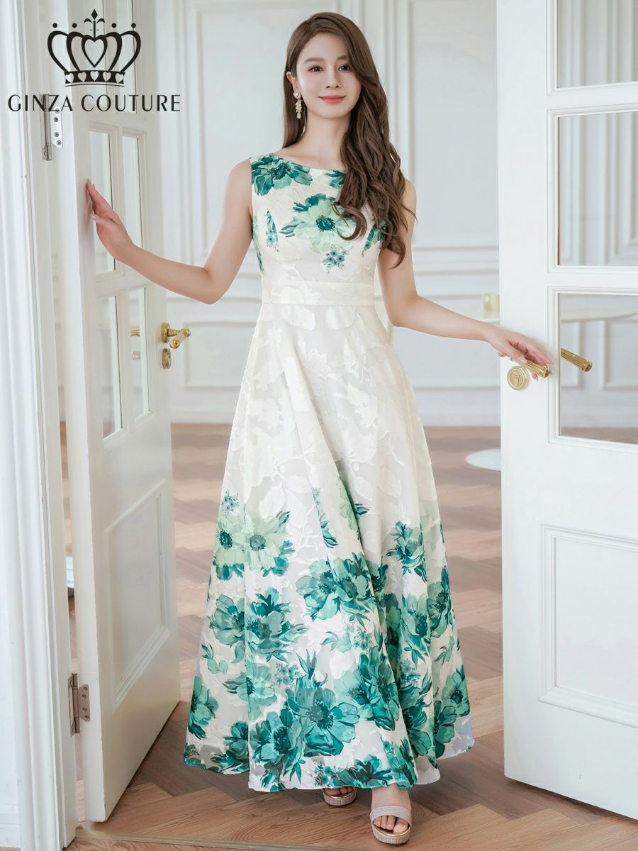 ERUKEI ホワイトxグリーン Aライン・ロングドレス ek-c24015-3