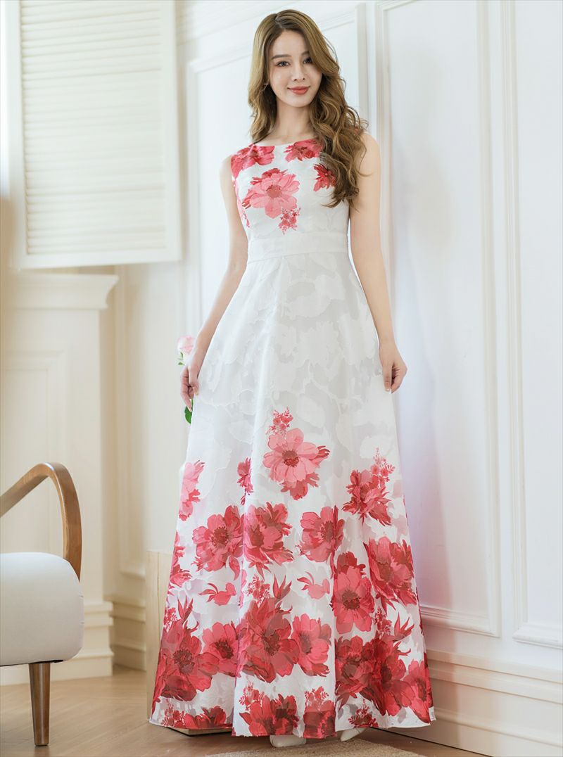 ERUKEI エルケイ ホワイトxレッド フラワープリント・Aライン・ロングドレス ek-c24015-5