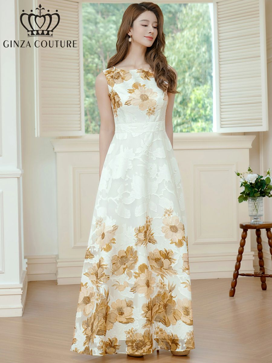 ERUKEI エルケイ ホワイトxブラウン フラワープリント・Aライン・ロングドレス ek-c24015-6