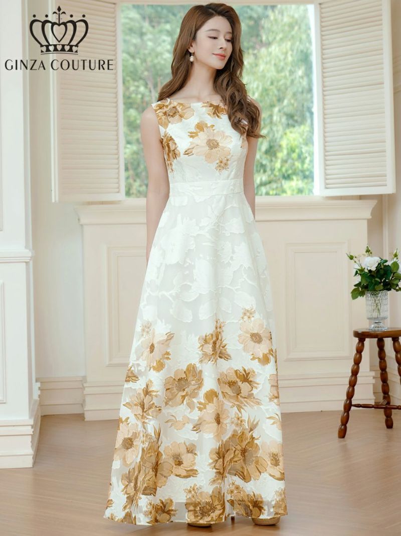 ERUKEI エルケイ ホワイトxブラウン フラワープリント・Aライン・ロングドレス ek-c24015-6