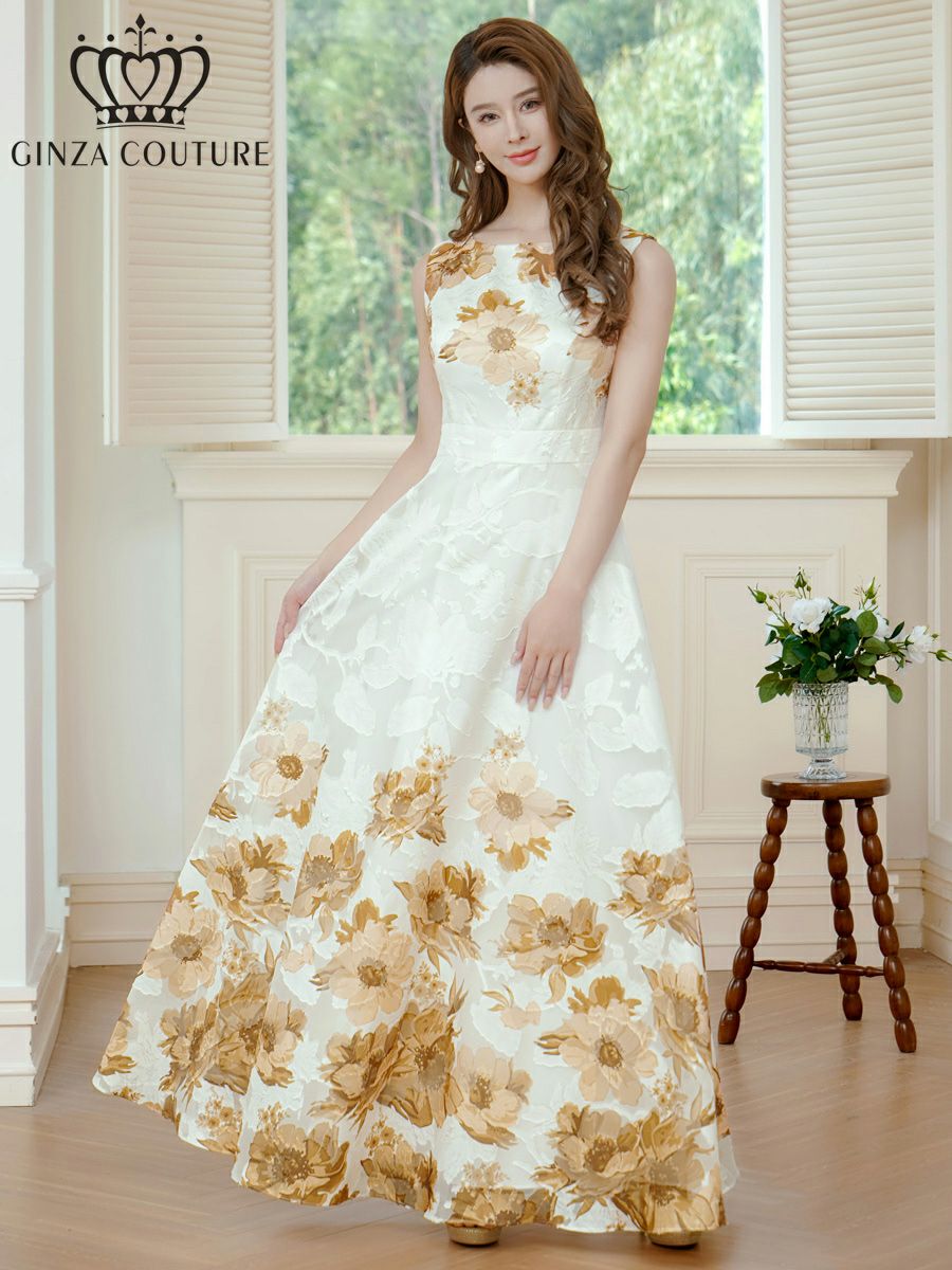 ERUKEI エルケイ ホワイトxブラウン フラワープリント・Aライン・ロングドレス ek-c24015-6