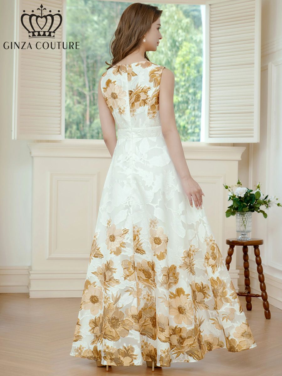 ERUKEI エルケイ ホワイトxブラウン フラワープリント・Aライン・ロングドレス ek-c24015-6