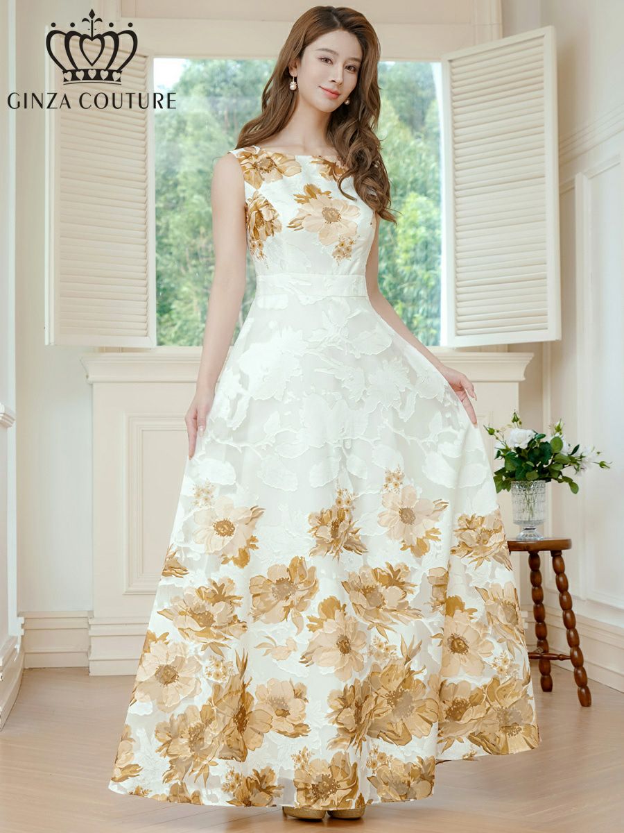 ERUKEI エルケイ ホワイトxブラウン フラワープリント・Aライン・ロングドレス ek-c24015-6