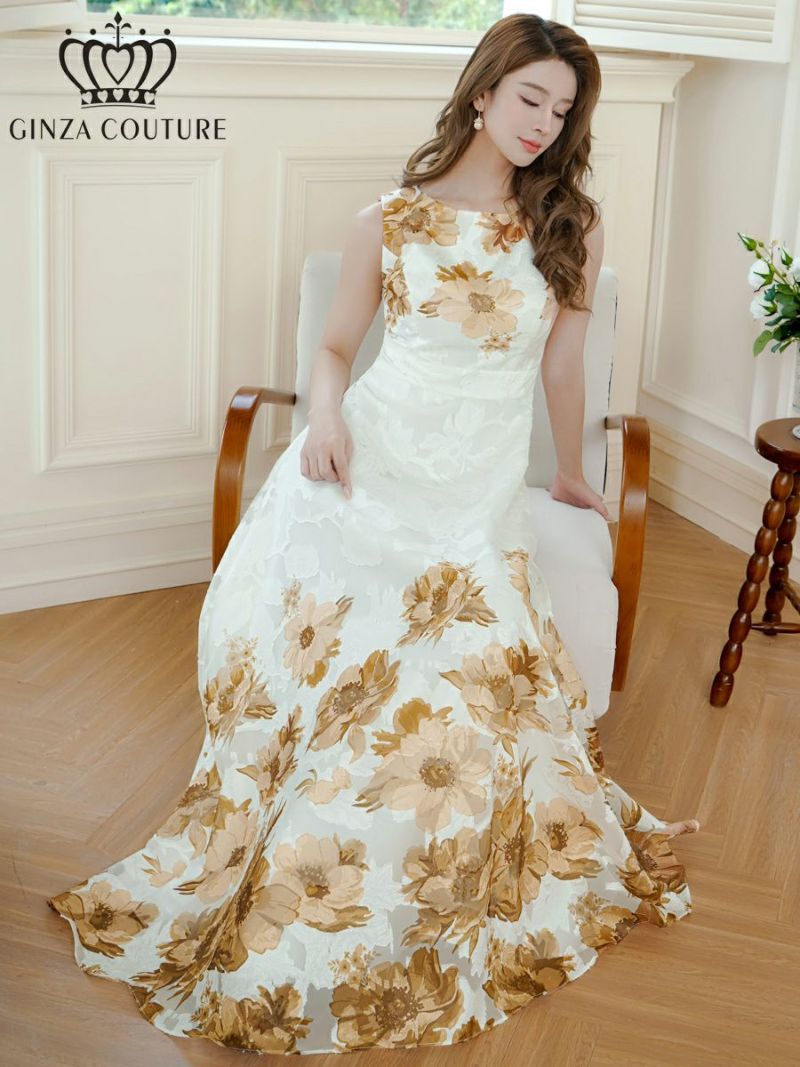 ERUKEI エルケイ ホワイトxブラウン フラワープリント・Aライン・ロングドレス ek-c24015-6