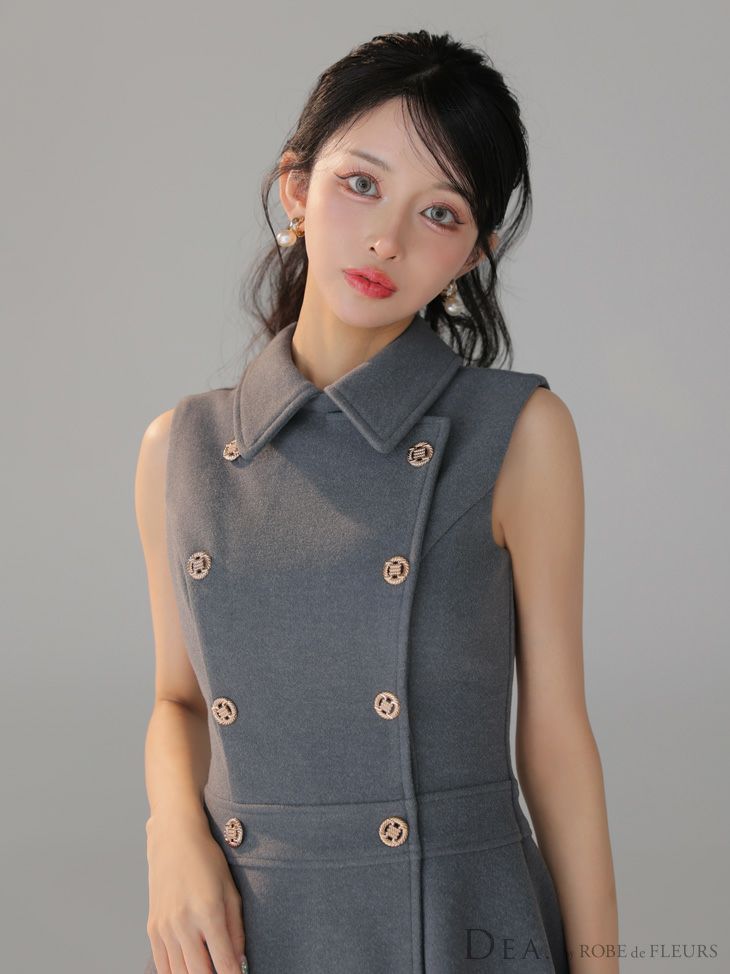 DEA. ディア バイ ローブドフルール 襟付きノースリーブダブルボタンフレアミニキャバドレス de3365-c