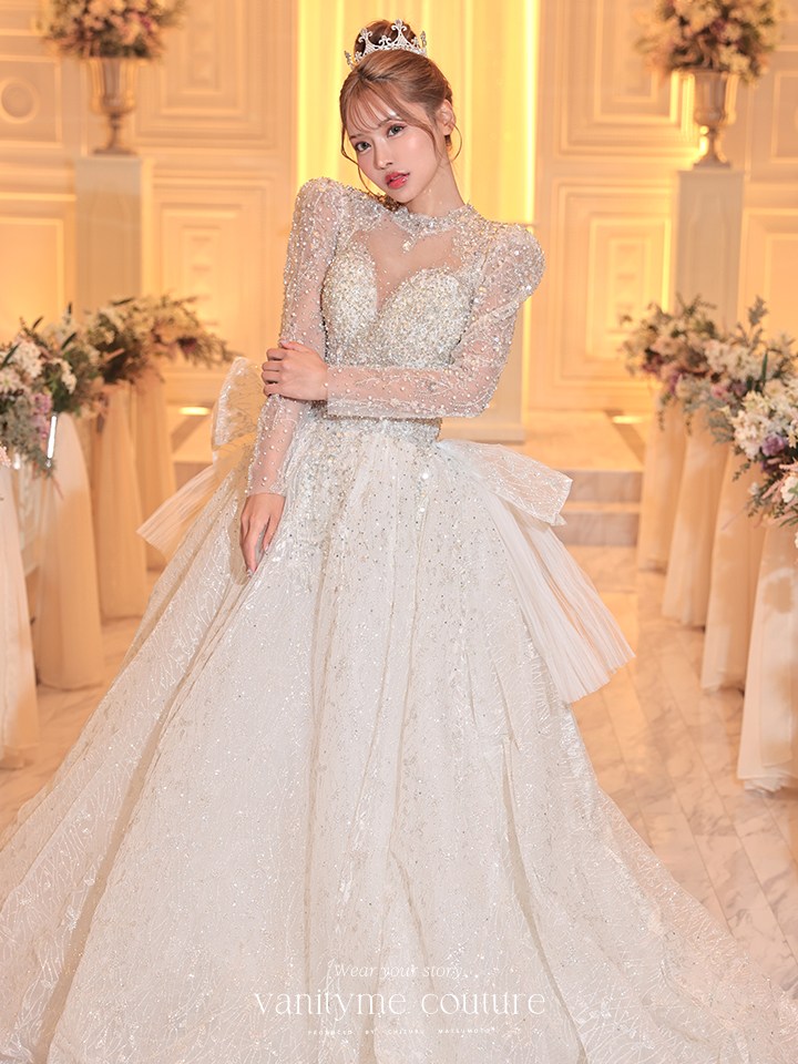 vanityME.couture. バニティミークチュール 一条響ちゃん 着用 Diamond dress ダイヤモンド クリスタルビジュー ロングスリーブ プリンセス 姫 ウエディングドレス ロングドレス ホワイト vctr-t-24104