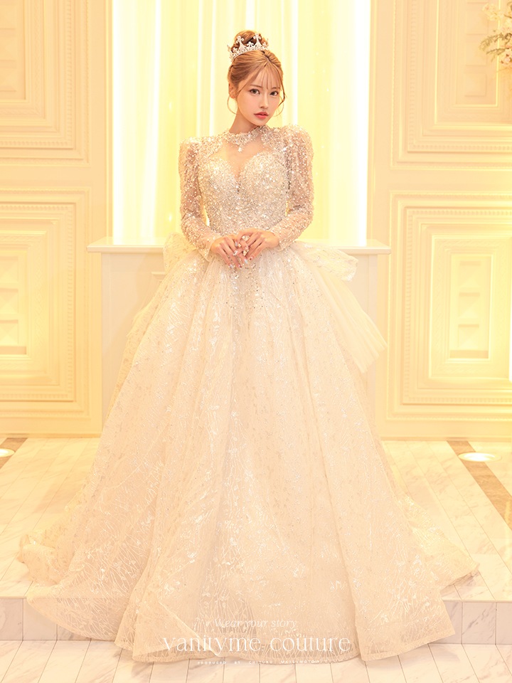 vanityME.couture. バニティミークチュール 一条響ちゃん 着用 Diamond dress ダイヤモンド クリスタルビジュー ロングスリーブ プリンセス 姫 ウエディングドレス ロングドレス ホワイト vctr-t-24104