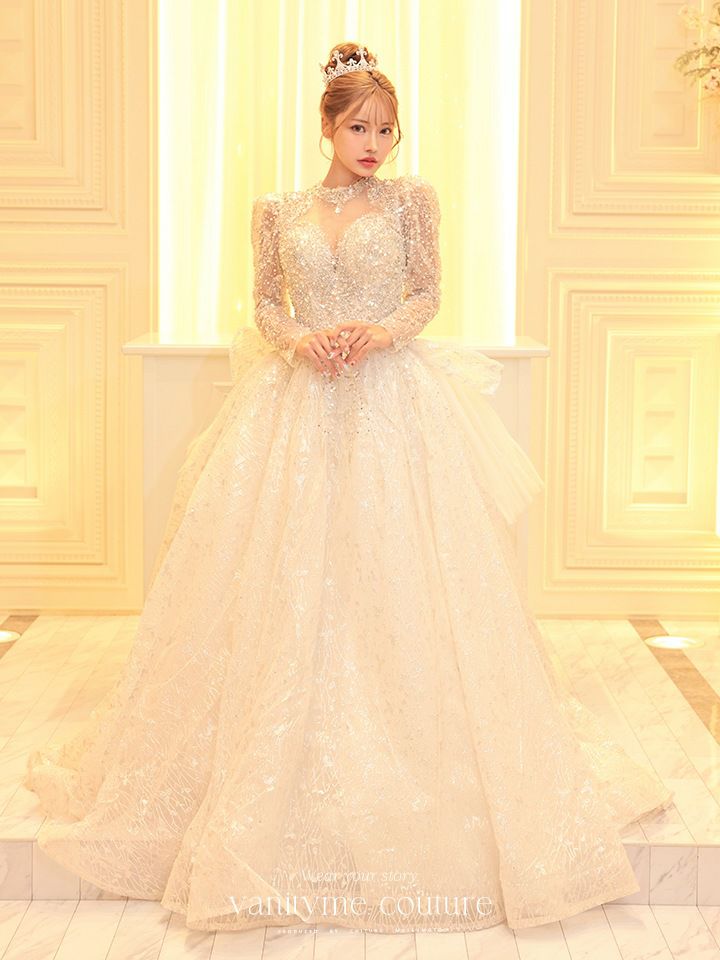 vanityME.couture. バニティミークチュール 一条響ちゃん 着用 Diamond dress ダイヤモンド クリスタルビジュー ロングスリーブ プリンセス 姫 ウエディングドレス ロングドレス ホワイト vctr-t-24104