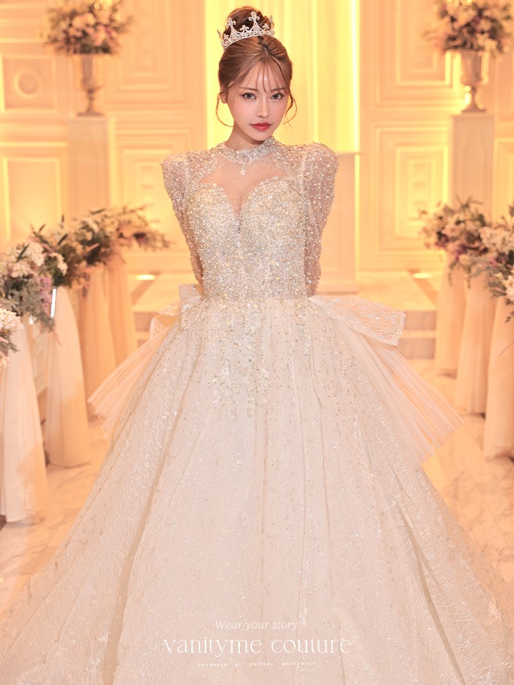 vanityME.couture. バニティミークチュール 一条響ちゃん 着用 Diamond dress ダイヤモンド クリスタルビジュー ロングスリーブ プリンセス 姫 ウエディングドレス ロングドレス ホワイト vctr-t-24104