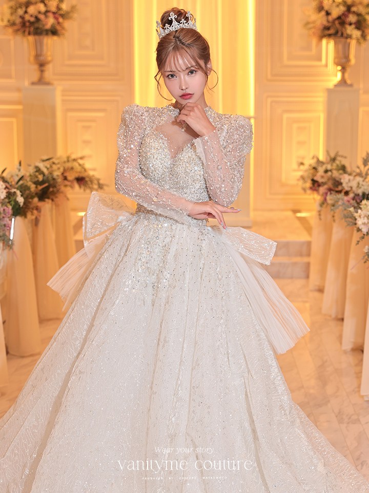 vanityME.couture. バニティミークチュール 一条響ちゃん 着用 Diamond dress ダイヤモンド クリスタルビジュー ロングスリーブ プリンセス 姫 ウエディングドレス ロングドレス ホワイト vctr-t-24104