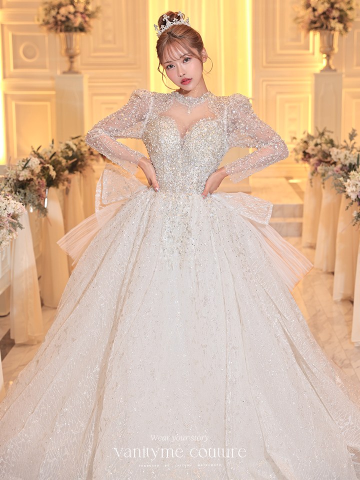 vanityME.couture. バニティミークチュール 一条響ちゃん 着用 Diamond dress ダイヤモンド クリスタルビジュー ロングスリーブ プリンセス 姫 ウエディングドレス ロングドレス ホワイト vctr-t-24104