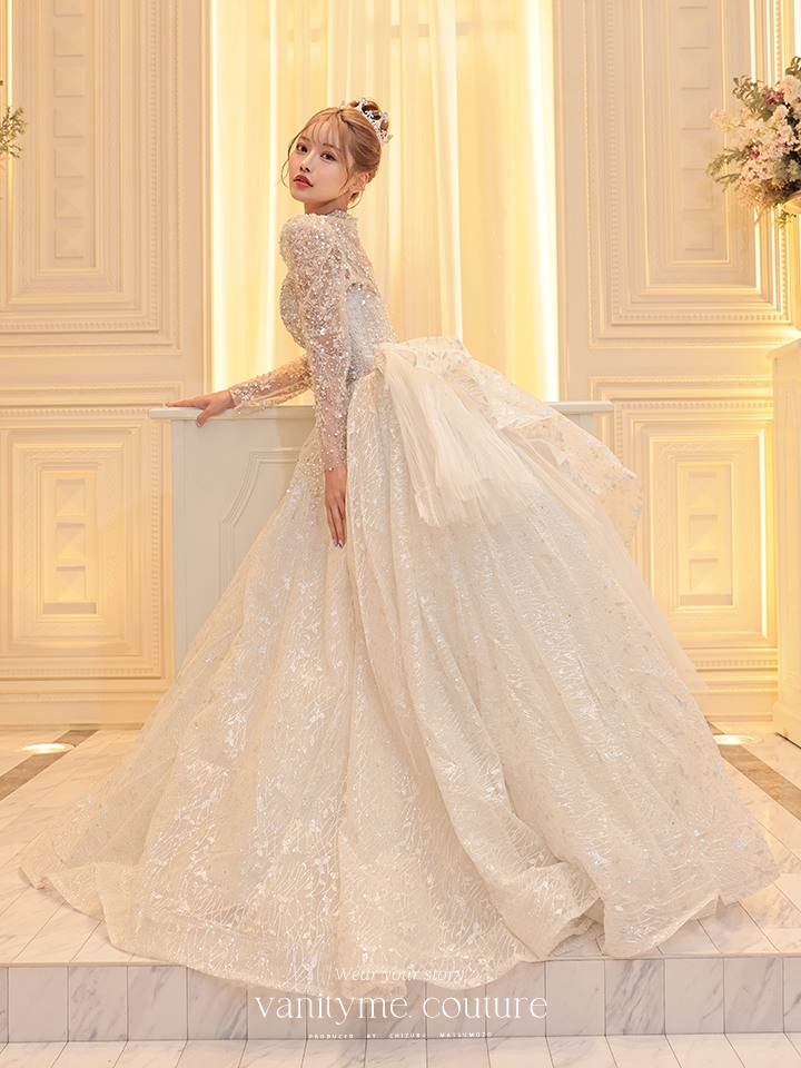 vanityME.couture. バニティミークチュール 一条響ちゃん 着用 Diamond dress ダイヤモンド クリスタルビジュー ロングスリーブ プリンセス 姫 ウエディングドレス ロングドレス ホワイト vctr-t-24104