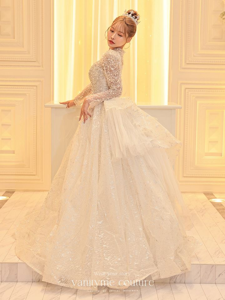 vanityME.couture. バニティミークチュール 一条響ちゃん 着用 Diamond dress ダイヤモンド クリスタルビジュー ロングスリーブ プリンセス 姫 ウエディングドレス ロングドレス ホワイト vctr-t-24104