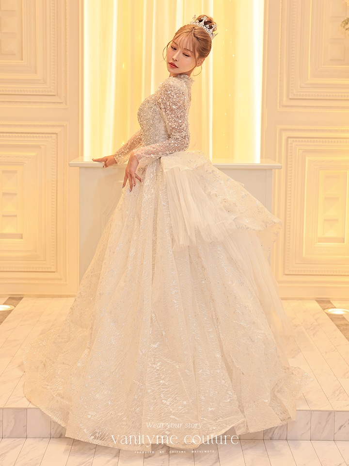 vanityME.couture. バニティミークチュール 一条響ちゃん 着用 Diamond dress ダイヤモンド クリスタルビジュー ロングスリーブ プリンセス 姫 ウエディングドレス ロングドレス ホワイト vctr-t-24104