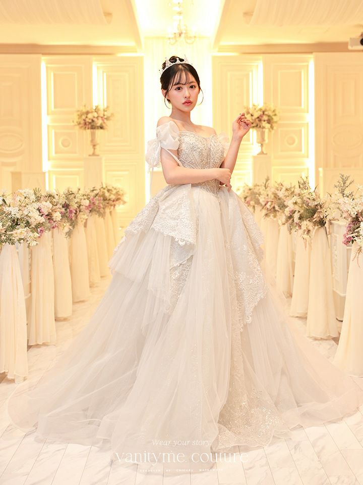 vanityME.couture. バニティミークチュール オフショル リボンショルダー ビジュー プリンセス 姫 ウエディングドレス ロングドレス ホワイト vctr-t-24105
