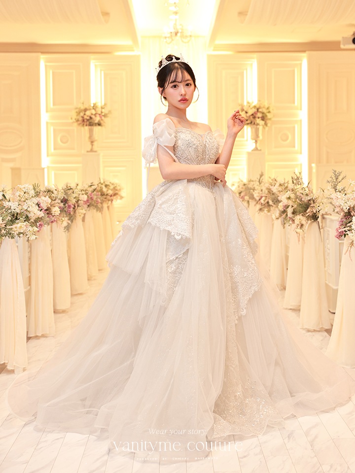 vanityME.couture. バニティミークチュール オフショル リボンショルダー ビジュー プリンセス 姫 ウエディングドレス ロングドレス ホワイト vctr-t-24105