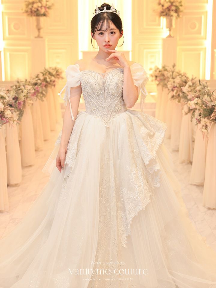 vanityME.couture. バニティミークチュール オフショル リボンショルダー ビジュー プリンセス 姫 ウエディングドレス ロングドレス ホワイト vctr-t-24105